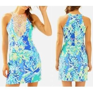 Lilly Pulitzer Pearl Shift Dress Wade and Sea sz 0 Crochet Lace Coral Fish
